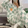 Thuis Kleding Herfst Winter Vrouwen Warm Flanel Fleece Pyjama Set Kawaii Cartoon Plaid Meisjes Homewear Lange Mouw Leuke Nachtkleding Nacht