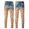 Slim Fit Jeans Am 청바지 탄성 청바지 트렌디 한 고민 Denim 바지 Pucker Hole Patch 바지 디자이너 Mens Jeans Long Hippop 스티커 자수 Jean