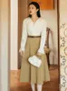 Arbeit Kleider Herbst 2024 Französisch Mode Vintage Rüschen V-ausschnitt Hemd Midi Rock Anzug Weibliche Elegante 2 Stück Set Frau Outfits