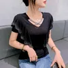 Women's T Shirts Korean Fashion Mesh Tops V Neck Hollow Out Ruffle Shirt Sexy Drilling Short Sleeved