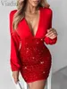 Casual Dresses Women Sexig Solid Color Deep V Neck Contrast Sequin Lantern Sleeve Plunge Bodycon Dress