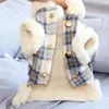 Dog Apparel Pet Clothes With Plush Embellishments Stylish Plaid Print Vest For Weather Warm Winter Cat Coat Cute Comfortable