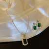 Pendanthalsband 2024 Fashion Square Green Crystal Necklace For Women Luxury Korean Emerald Zircon Earrings Girls Party Jewelry Set