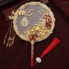 Decorative Figurines Chinese Vintage Round Fans Phoenix Shaped Alloy Fan Gold Flower Hand Holding With Tassel Wedding Bride Group