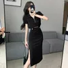 Work Dresses Sweet Girl Suit Women's Summer Polo-neck Short-sleeved T-shirt Top Elastic Pleated Split Skirt Two-piece Set Female Clothes