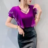 Women's T Shirts Korean Fashion Mesh Tops V Neck Hollow Out Ruffle Shirt Sexy Drilling Short Sleeved