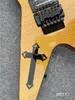Flying V Electric Guitar Natural Color Flame Cross-inlaid na parte superior do corpo, peças amarelas e pretas de limão, remolo de abalone incrustado