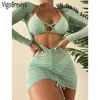 Kadın Mayo Vigobreviya Seksi Katı Yular 3pcs Mesh Elbise Bikini Set Kadınlar 2024 Cross Hollow Push Up Up Myway Beach Matay Takım