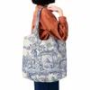 Impression Vintage Classique Français Toile De Jouy Bleu Marine Motif Motif Boutique Sac Fourre-Tout Réutilisable Toile Shopper Épaule Sac À Main Q6UY #