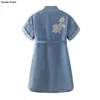 Sukienki imprezowe Kobiety wiosna lato dżinsowy mini luksus haft kirin feminina swobodne luźne luźne qipao vintage bluzka bluzka