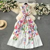 Runway Women Dresses A Runway Summer Holiday Flower Flower Long Dress Women's Stand Solveress Single Belited Belt Print Long Long Vestidos 2024