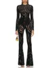 Damen Zweiteilige Hose HIGH STREET Est 2024 Designer Runway Suit Set Elastic Perspective Embossed Velvet Playsuit Tops Flare 2tlg