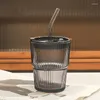 Verres à vin 400ml Simple Style coréen rayé verre paille tasse Portable glace américain lait café boisson froide jus avec couvercle et