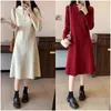 Vestidos casuais tamanho grande outono / inverno estilo chinês camisola vestido mulheres botão vermelho até design solto malha midi feminino vestidos z4690