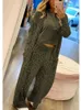 Primavera mujer manga larga estilo casual material de poliéster 2024 moda leopardo patrón cardigan abrigo pantalones conjunto 240326