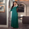 Etniska kläder 2024 Abayas för kvinnor Sommar mode muslimsk långärmad V-ringning Satin Rhinestones Bead Mesh Maxi Dress Dubai Abaya