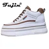 Sapatos casuais fujin 8cm plataforma de couro genuíno cunha sola grossa primavera outono oco inverno chunky sneaker pelúcia vulcanizar