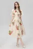 Ladies Dresses for Women 2023 Spring Summer Beige Knee Dress High Quality Embroidery Flowers Fruit Puff Sleeve Women Dress