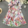 Basic Casual Jurken 2024 Boheemse Bloemen Chiffon Zomerjurken voor Vrouwen Runway Stand Lantaarn Mouw Riem Strand Vakantie Lange Vestidos Boho Gewaad