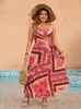 Gibsie Plus Size Holiday Boho Print Side Wrap Dress Summer Women Sexy Spaghetti Strap A-Line Beach Long Dresses 240322