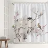 Rideaux de douche Rideau d'impression de fleurs et d'oiseaux Peinture à l'encre chinoise Floral Animal Paons Décor d'écran en bambou Crochets de baignoire de toilette