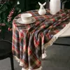 Table Cloth Plaid Tassels Christmas Decoration Tablecloth Round Woven Polyester Cotton Red Green Cover For Home Party Dining Decor
