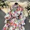 Basic Casual Jurken 2024 Boheemse Bloemen Chiffon Zomerjurken voor Vrouwen Runway Stand Lantaarn Mouw Riem Strand Vakantie Lange Vestidos Boho Gewaad