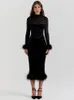 Mozision Elegant Feather Sexy Midi Dress For Women Black Fashion Sheer Long Sleeve Backless Bodycon Club Party 240315