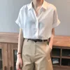 Camicette da donna Camicia di lino estiva da donna bianca blu sottile leggera ampia manica corta abbottonata con colletto per ragazze moda streetwear abbigliamento da ufficio