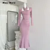 Casual klänningar 2024 Spring Female Elegant Long Sleeve Solid Color Midi Wedding Women Luxury Hollow Out A-line aftonklänning