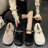 Casual Shoes Metal Chain Belt Buckle Fur Wary Janes Winter Women Cotton Loafers Round Toe Flats Woman Warm Plush Moccasins 2024