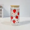 Bouteilles d'eau Kawaii Coupe en verre de fraise avec couvercle en bambou et paille 500 ml en forme de tasses en forme de verres à café glacé cadeau de gobelet mignon