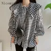 Blusas de mujer, camisa con cuello de muñeca a cuadros blanco y negro Vintage coreano, Top de mujer, ropa holgada con manga de burbuja con cordón de primavera