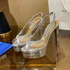 Verão AQUAZZURA Tentação Sandálias Lâmpada de Cristal Plataforma Bombas Sandálias Bloco Robusto Salto Alto Slip-On Peep Toes Vestido Sapatos Mulheres Designer de Luxo Noite 35-43 Caixa