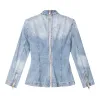 Chic Summer Tops Fashion 2023 Patchwork Zipper Denim Shirt for Women Stand Collar Long Sleeve Bowknot Blue Blouse Female Fashion