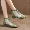 Casual Shoes 2024 Peep Toe Sandals Boots Women PU Leather Summer Mesh Low Heels Back Zip Female Footware