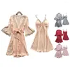 Home Clothing 2 Pcs/Set Women Pajama Set Lace Patchwork Bow Decor Solid Color Loose Silky Lace-up Tight Waist Long Sleeve Nightgown Slee