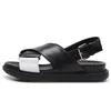 Casual Shoes Black And White Ins Fish Beak Sandals Roman Genuine Leather Cross Rope Thick Sole Versatile Flat
