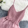 Sommar ärmlös Sling Gaze Tulle klänning Kvinnor Knit V-ringning Sexig rygglös långa klänningar Söt mesh rosa festklänning Vestidos 240321