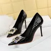 Casual Shoes European And American Party High Heels Show Thin Women's Slim Shallow Mouth Pointed Metal Rhinestone Buck