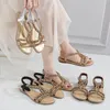 Sandalen Damen Sommer Chic Boho Open Toed Flache Strass Elastische Riemen Hohle Strandschuhe Frau 2024