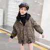 Down Coat Baby Girls 'Winter 5-15 år gammal Leopardtryck Kort plysch foder tjock huva vadderad dike jacka barn