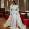 2024 Mermaid Vestres Bridal com trem destacável High pescoço de pescoço comprido Retas de renda com miçangas Vestidos de noiva Noiva para OccAisons Special D214 407