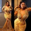 2024 Plus size gouden prom -jurken voor zwarte vrouwen illusie avondjurken elegante lange mouwen geappliqued kanten verjaardagsjurk voor Afrikaanse speciale gelegenheden Am611