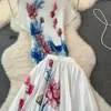 Vestido de duas peças vintage elegante plissado 2 peças conjunto verão floral impresso milho manga curta superior cintura elástica saia casual festa saia terno para mulher 2024