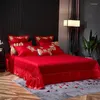 Ensembles de literie Luxe Rouge Style de mariage chinois Ensemble Gold Loong Phoenix Broderie Brossé Housse de couette Couvre-lit Taie d'oreiller en lin