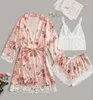 Femmes de nuit sexy dentelle impression femmes 3pcs robe pyjamas ensemble mariée robe de chambre rayonne chemise de nuit lingerie peignoir vêtements de maison