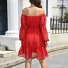 Casual Kleider Mode Off The Shuolder Wowen Sommer Lace Up Knielanges Kleid Laterne Langarm Schlanke Taille Weibliche Party