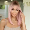 Wigs 14" Soft Straight Pink Wig With Dark Roots Synthetic Wigs With Bangs Female Bob Wigs For Women Daily Party Cosplay Use