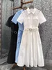 Party Dresses Cotton Dress 2024 Summer Blue White Black Women Turn-down Collar Hollow Out Embroidery Mid-Calf Length Gorgeous
